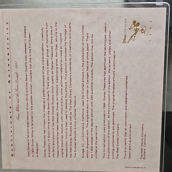 Disney Snow White and The Wicked Witch Limited Edition Engraved Etching NIB COA - Picture 7 of 11